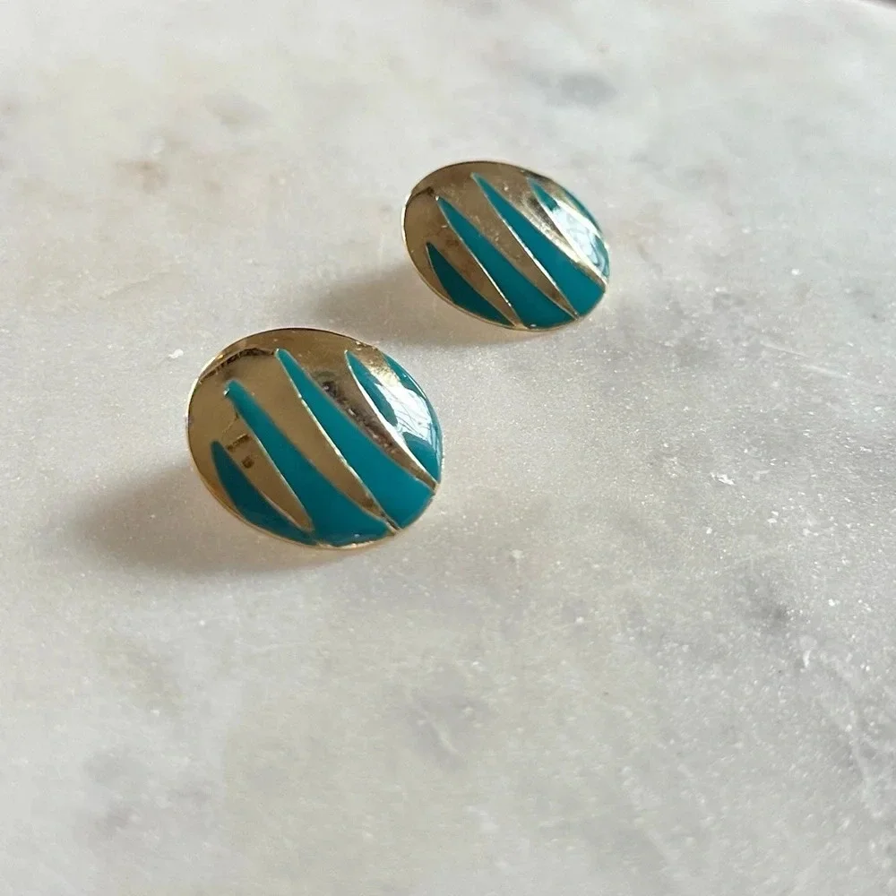 Vintage 80s Earrings Gold Tone Teal Enamel Large Round Disc Studs Statement - Picture 3 of 8